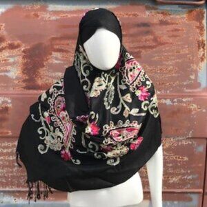 Jet Black Embroidered Scarf Shoulder Wrap Muslim Hijab Paisley Print Shawl